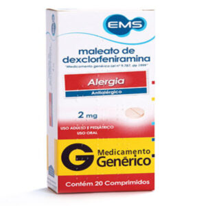 Maleato de Dexclorfeniramina 2mg Com 20 Comprimidos Ems Genéricos