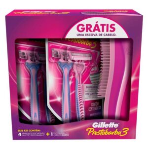 Kit Aparelho de Barbear Prestobarba 3 Feminino 4 Unidades + Escova de Cabelo