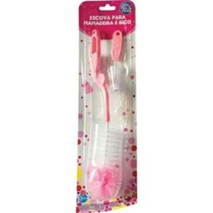 Escova para Mamadeira Com Limpa Bico Pais e Filhos Cor Rosa Unidade