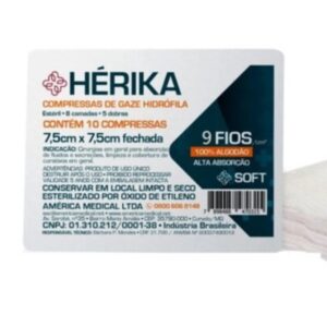 Compressa de Gaze Estéril Hérika 9 Fios 7,5cm x 7,5cm Com 10 Unidades