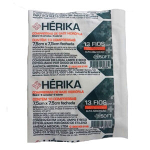 Compressa de Gaze Estéril Hérika 13 Fios 7,5cm x 7,5cm Com 10 Unidades